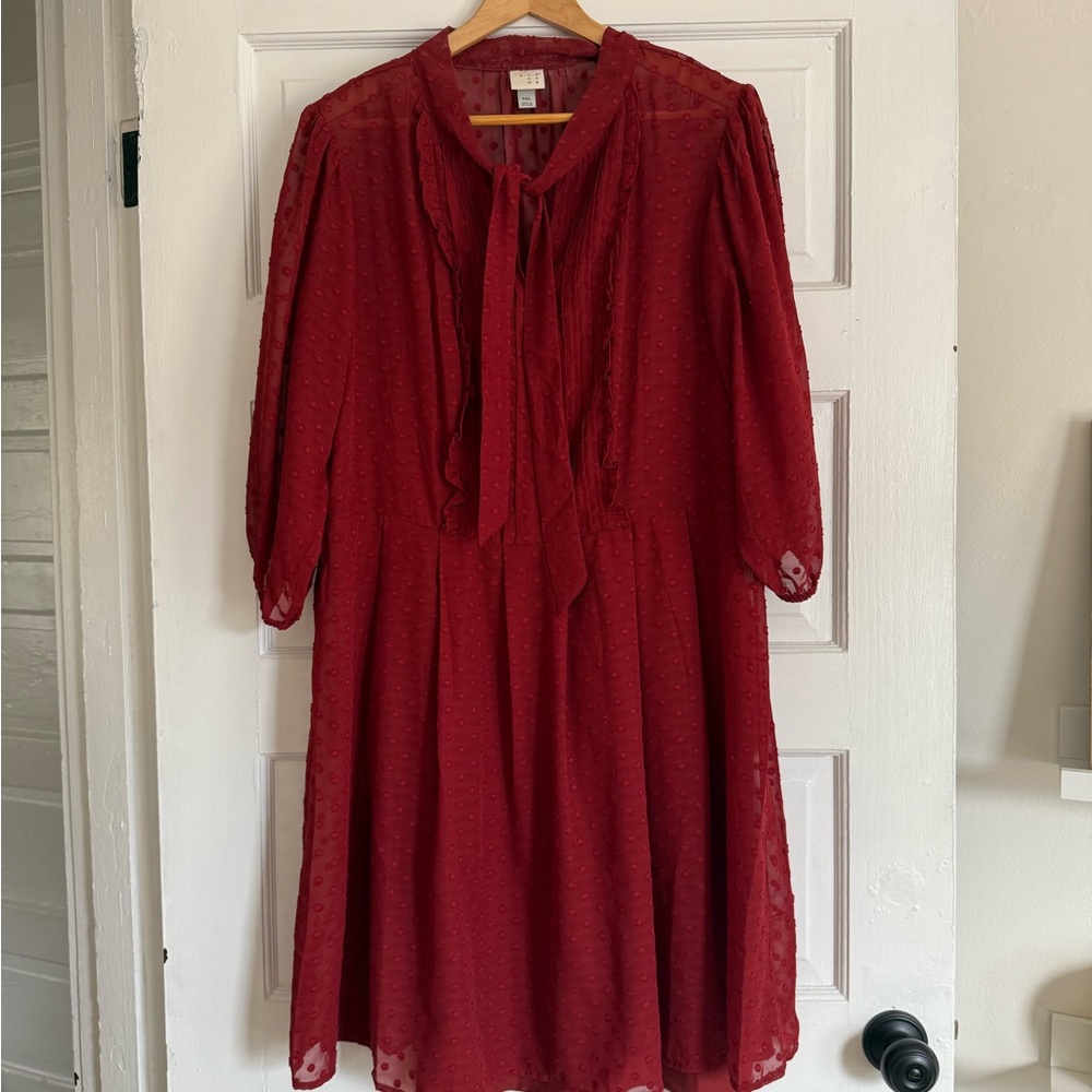 a new day Burgundy Long Sleeve Swiss Dot Tie Neck Dress